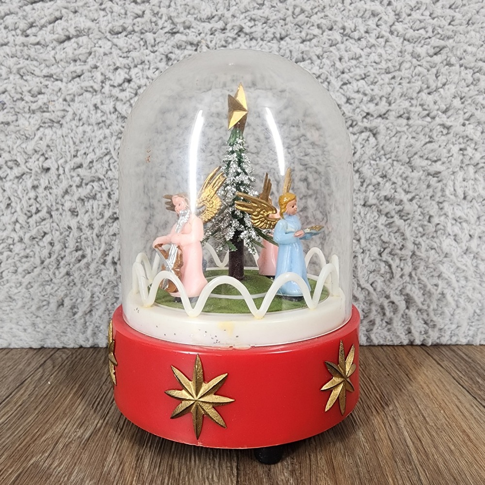 Vintage Musical Christmas Angel Dome Music Box Red Gold Star Base Hong Kong